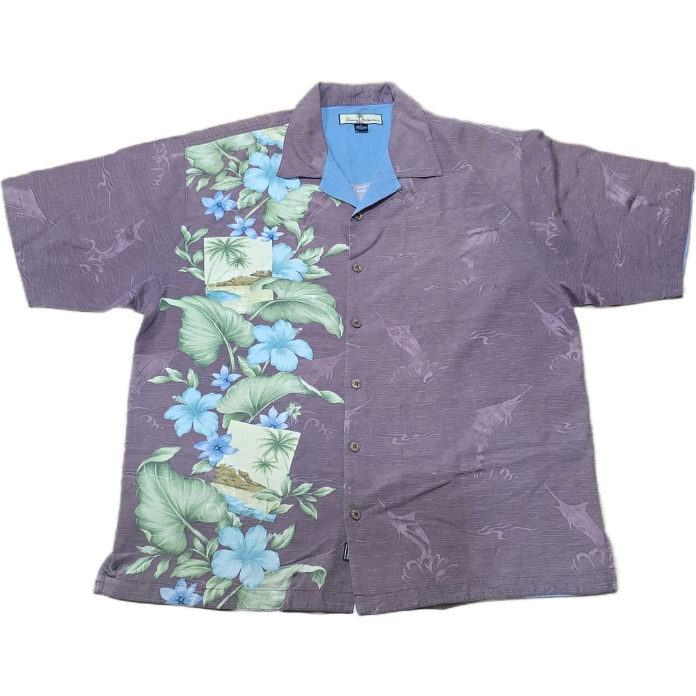 Tommy Bahama Relax Mens L Silk Camp Shirt Purple Blue Hibiscus Marlin Tropical